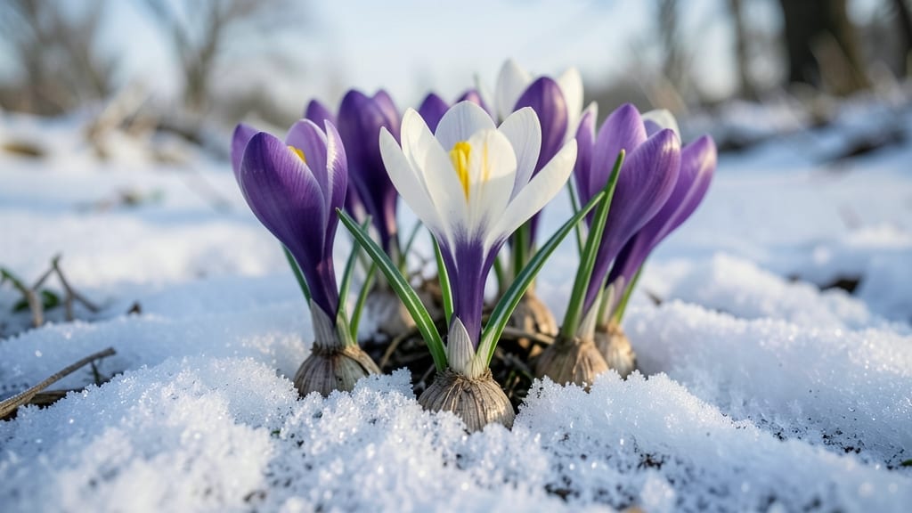 Crocus Flowers Pushing Through Snow