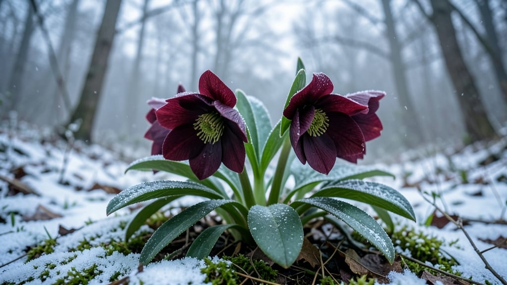 Christmas Rose: Dark Red Blooms Under Snow