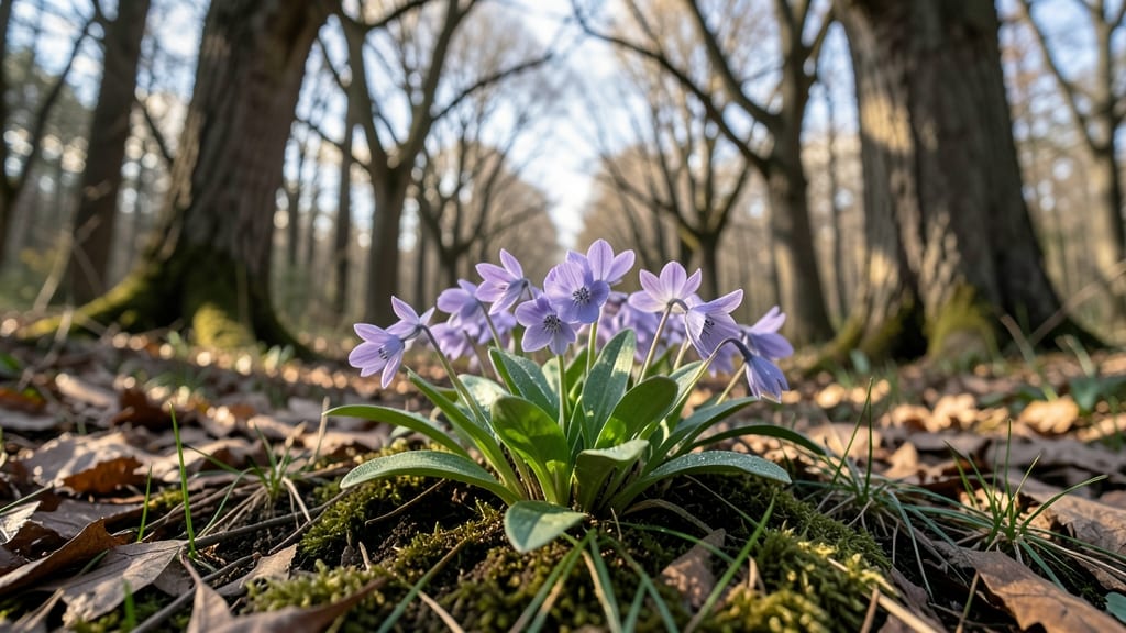 Hepatica Plant With Tiny Purple Blooms