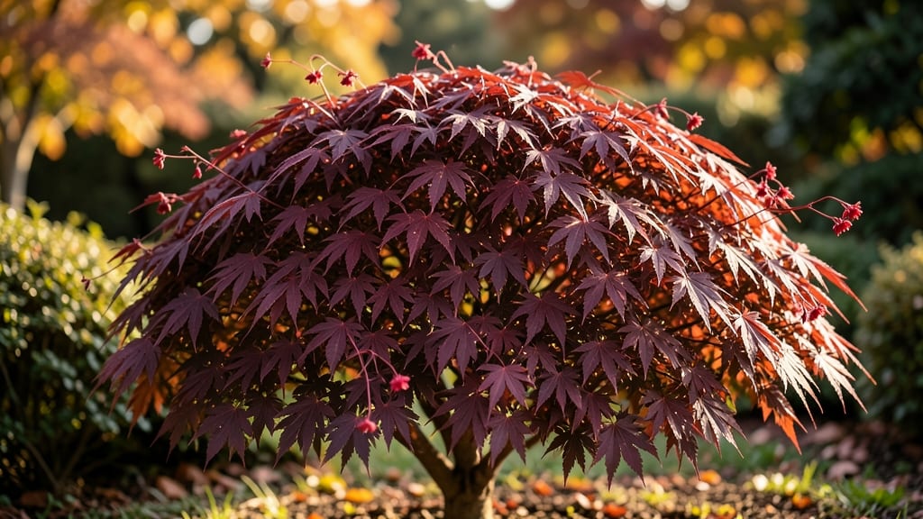 Japanese Maple 'Bloodgood': Crimson Foliage with Fall Flowers