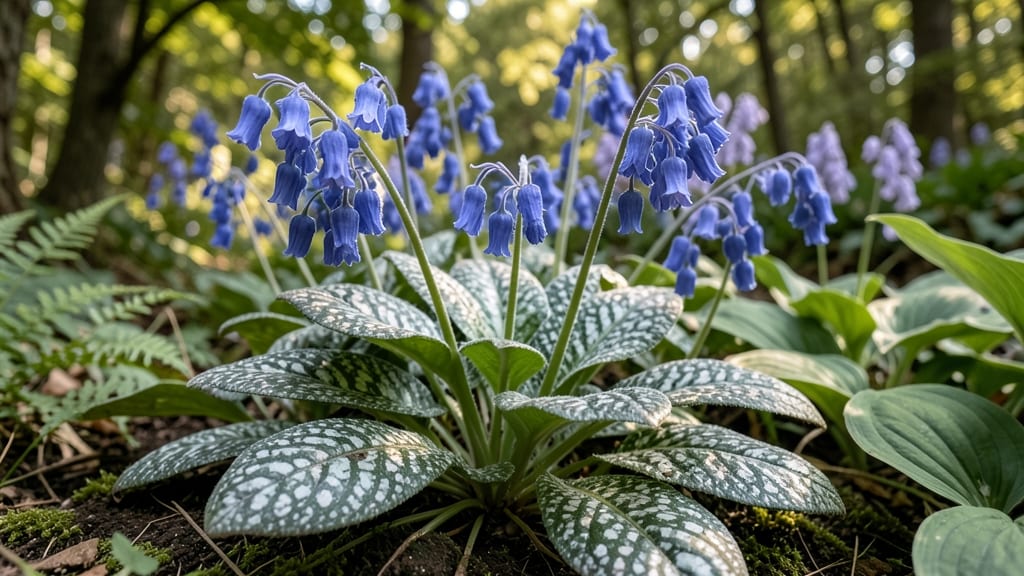 Lungwort 'Purpurascens' with Blue Flowers and Spotted Leaves